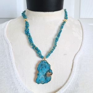 Piece #308 "Dripping In Gold" Handmade Braided Blue & Gold-Dipped Geode Necklace